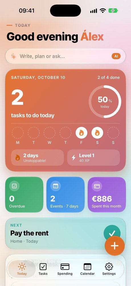 RutinIA Today screen with pending tasks, streak and monthly spending