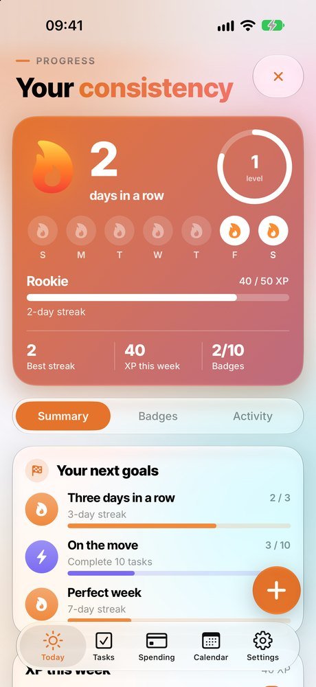 Progress screen with streak and badges