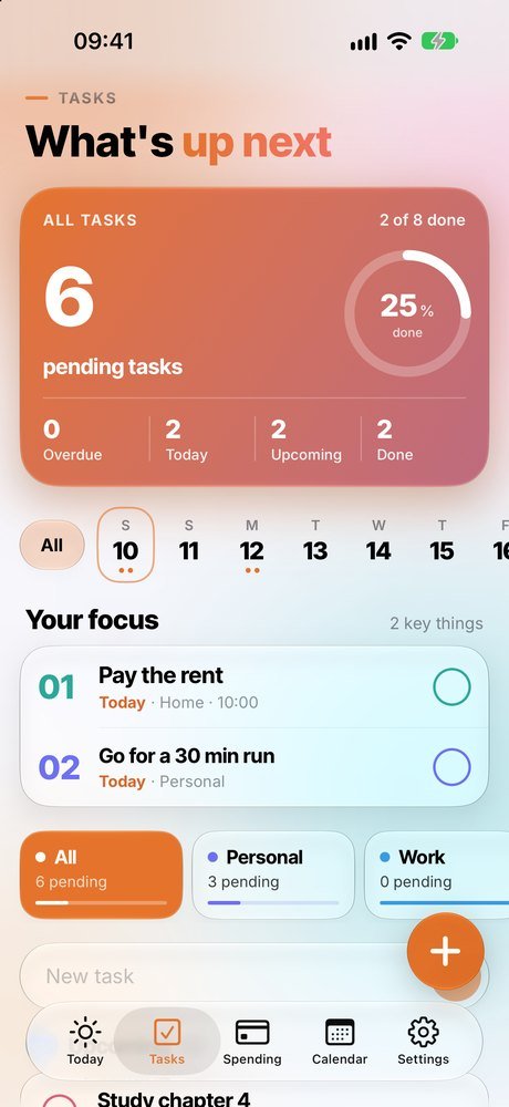 RutinIA Tasks screen with the key things of the day